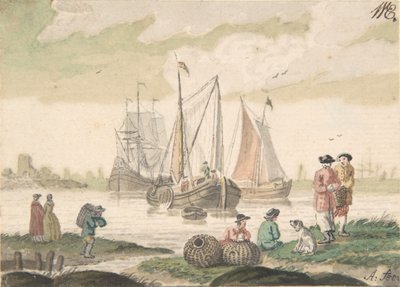 المناظر البحرية مع سبع شخصيات وكلب ، 1733-1793. بواسطة نيكولاس أرتمان