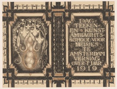تصميم الغلاف لـ: Report of the Dagteeken- en Kunstambachtschool for Girls in Amsterdam حوالي عام 1919 بواسطة نيكولاس فان دي فيشت