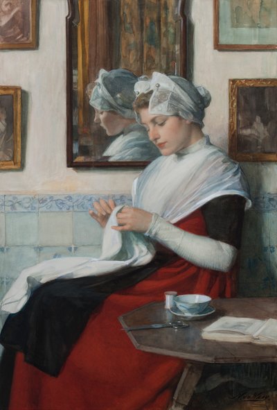 خياطة فتاة يتيمة أمستردام ، 1890 (مرحاض مرسوم على الورق المقوى) بواسطة Nicolaas van der Waay
