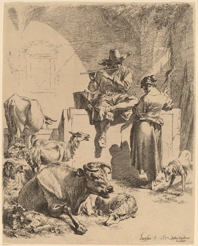 الراعي الجالس على النافورة والغزال ، 1652. بواسطة نقولاس بيرشم