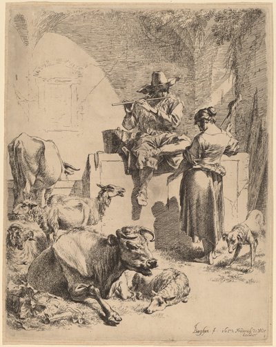 الراعي الجالس على النافورة والغزال ، 1652. بواسطة نقولاس بيرشم