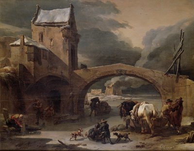 منظر طبيعي شتوي مع الفلاحين والخيول على قناة مجمدة بجسر محصن ، حوالي 1660-70 (زيت على لوح) بواسطة نقولا بيتيرز. برشم