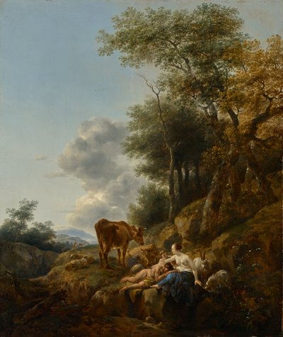 منظر طبيعي مع حورية وساتير، حوالي عام 1647 (لوحة زيتية على لوحة) بواسطة Nicolaes Pietersz. Berchem