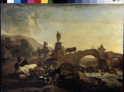 "منظر طبيعي إيطالي مع جسر صغير" لوحة رسمها نيكولاس (كلايس) بيترشيم الأكبر (1620-1683) 1656 Dim. 44.5x61 cm متحف هيرميتاج ، سانت بطرسبرغ بواسطة نقولا بيتيرز. برشم