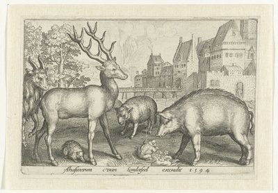 الغزلان والقنفذ والأغنام والضفدع والخنزير Animalivm qvadrvpedvm (عنوان السلسلة) الحيوانات في المناظر الطبيعية (عنوان السلسلة) بواسطة Assuerus van Londerseel