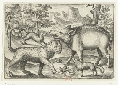 النمر والخنزير البري والكلبان Animalivm Qvadrvpedvm (عنوان المسلسل) الحيوانات في المناظر الطبيعية (عنوان السلسلة) بواسطة Assuerus van Londerseel