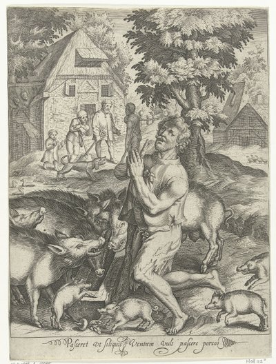 الابن الضال مثل قطيع الخنازير Pasceret vt siliquis ventrem يملأ pascere porcos (العنوان على الكائن) قصة الابن الضال (عنوان المسلسل) بواسطة نيكولايس دي بروين