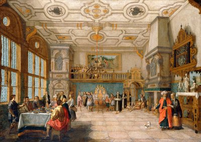 لازاروس عند باب قاعة الولائم مع طعام الشخصيات الأنيقة ، 1622 بواسطة Nicolaes de Gyselaer