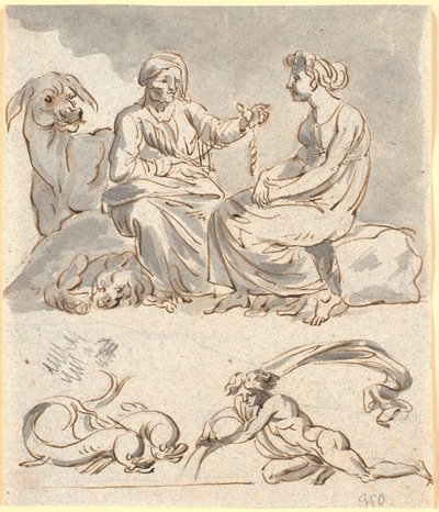 مشروع مشهد من كتاب Apuleius "The Golden Ass" 4. مدبرة منزل عصابة اللصوص تخبر الفتاة الصغيرة بأسطورة كيوبيد وسايكي. أدناه ، زوج من الدلافين وشخصية عارية ، ربما برج الدلو - علامة سماوية لشهري فبراير ويناير بواسطة نيكولاي أبراهام أبيلدغارد