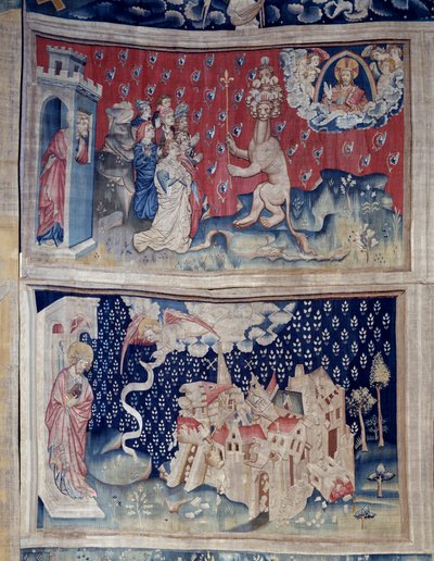 تعليق الوحي (1373-1383) ، ن. 42: العشق من بيت (؟). ن. 49: سقوط بابل. نسيج لنيكولاس باتاي (1330-1405) بواسطة نيكولاس باتايل