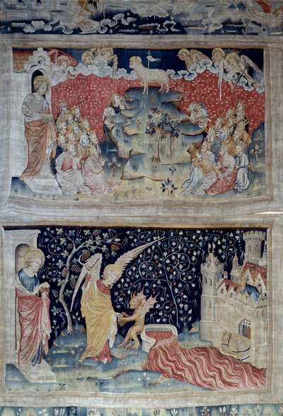 تعليق الوحي (1373-1383) ، ن. 47: الحمل على جبل صهيون. أدناه ، ن. 55 ، يلتقط الملاك كرمة الأرض ، التي انسكبت في وعاء غضب الله العظيم ، فاض الوعاء واندلع الدم. نسيج لنيكولاس باتاي (1330-1405) بواسطة نيكولاس باتايل