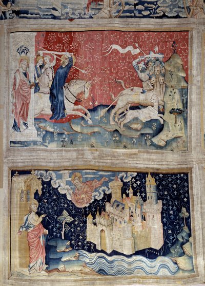 تعليق الوحي (1373-1383) ، ن. 69: فعل الله يحمّل بيتس. ن 73: المدينة المقدسة أو القدس الجديدة. نسيج لنيكولاس باتاي (1330-1405) بواسطة نيكولاس باتايل