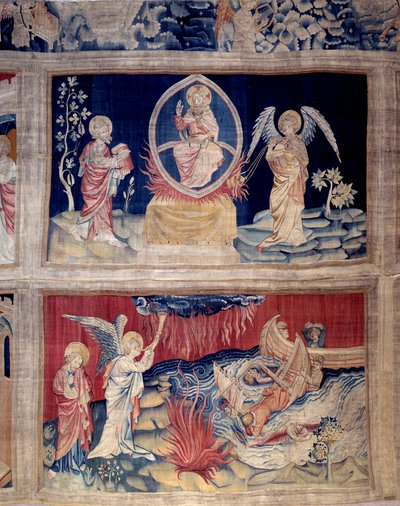 ستارة الوحي (1373 - 1383) ، لا. 15 و 18: يبكي الله والقديس يوحنا عندما يرون الكارثة. نسيج لنيكولاس باتاي (1330-1405) بواسطة نيكولاس باتايل