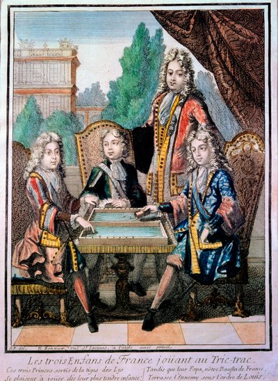 أحفاد لويس الرابع عشر (1638-1715) ، لويس دوق بورغندي (ت 1712) ، فيليب ، دوق أنجو (1683-1746) ، وتشارلز ، دوق بيري مع والدهم لويس (المتوفي 1711) ، دولفين فرنسا ، تلعب تريك تراك (Trictrac أو Trictrac: سلف الباكجا بواسطة نيكولاس بونارت