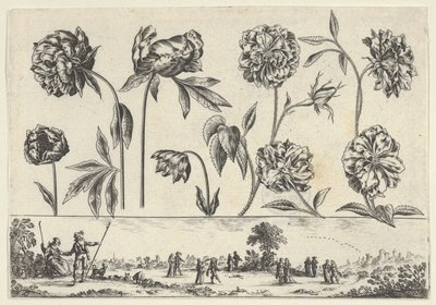 لوحة أفقية بها صف من الزهور فوق إفريز بها أشكال في منظر طبيعي ، من Li ... ، 1645. بواسطة نيكولاس كوتشين