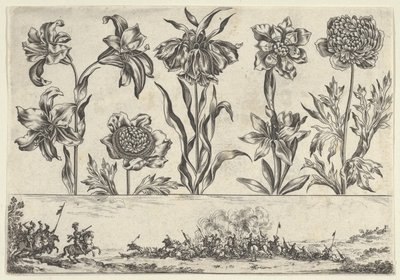 لوحة أفقية بصف من الزهور فوق إفريز مع مشهد معركة في منظر طبيعي ، ... ، 1645. بواسطة نيكولاس كوتشين