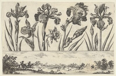 لوحة أفقية بها صف من الزهور فوق إفريز مع مشهد صيد في منظر طبيعي ، ... ، 1645. بواسطة نيكولاس كوتشين