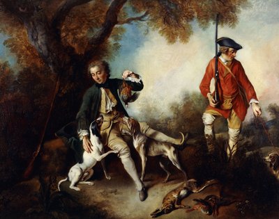 La Halte de Chasseurs ": صياد يحمل طائر صيد ويستريح على شجرة ، خادمه وكلاب الصيد القريبة ، بواسطة نيكولاس لانكريت