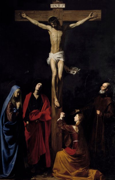 المسيح على الصليب ، العذراء ، مادلين ، القديس يوحنا وسانت فنسنت دي بول نقش "INRI" على الصليب. رسم نيكولاس تورنييه (1590-1657) بواسطة نيكولاس تورنييه