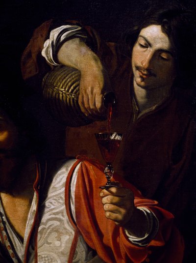 Servant pouring wine, detail of Meeting of drinkers, by Nicolas Tournier (baptised in 1590-before 1639), oil on canvas بواسطة نيكولاس تورنييه
