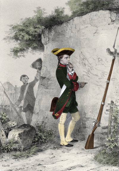 نابليون الأول بونابرت (1769 - 1821) في مدرسة برين العسكرية عام 1783. نقش لشارلت من القرن التاسع عشر. بواسطة الكسندر جبرائيل (بعد) ديكامبس