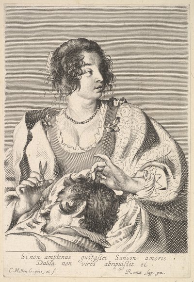 تستعد دليلة لقص شعر شمشون بمقص في يدها اليمنى ، أسفل صدرها ... ، كاليفورنيا. 1629. بواسطة نيكولاس فينوت