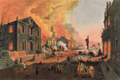 منظر للأنقاض بعد الحريق العظيم في نيويورك ، 16 - 17 ديسمبر 1835 ، منقوش بواسطة WI Bennett ، حانة. بواسطة LP Glover ، نيويورك ، 1835 (ألوان مائية) بواسطة نيكولينو كاليو