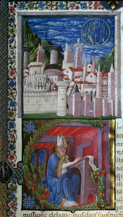 صورة مصغرة لكتابة القديس أوغسطين بقلم نيكولو بولاني مأخوذة من "De civitate dei" (مدينة الله) للقديس أوغسطينوس الهيبو (354-430). 1459. باريس ، مكتبة القديس جينيفيف بواسطة نيكولو بولاني