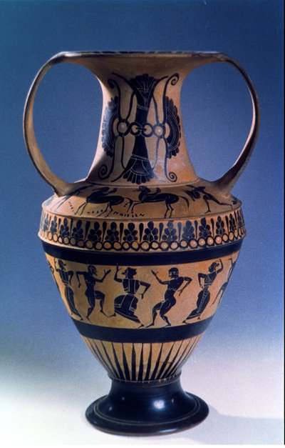 العلية الشكل الأسود أمفورا تصور الراقصين ، c.535-38 قبل الميلاد (آنية فخارية) بواسطة نيكوستينس