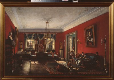 غرفة الرسم في منزل Nashchokin في موسكو. (مشهد من الحياة اليومية والعائلية) - غرفة الرسم في Nashchokin House في موسكو - رسم نيكولاي إيفانوفيتش بودكليوشنيكوف (1813-1877) ، زيت على قماش ، أوائل عام 1840 - الفن الروسي بواسطة نيكولاي إيفانوفيتش بودليوتشنيكوف
