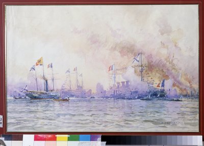 وصول السرب الفرنسي إلى كروندشتات عام 1893. المشهد البحري ، مع وصف واقعي للقوات البحرية الفرنسية (السفن الحربية والفرقاطات والطرادات) ، في أعقاب التحالف الفرنسي الروسي بواسطة نيكولاي نيكولايفيتش جريتسينكو