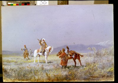 الصقور (الصقور). فرسان آسيا الوسطى يدربون الصقور على الصيد في السهوب. لوحة لنيكولاي نيكولايفيتش كاراسين (1842-1908) ، زيت على قماش بواسطة نيكولاي نيكولايفتش كارازين