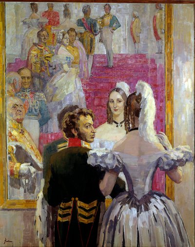الشاعر الروسي ألكسندر بوشكين (بوشكين) (1799-1837) وزوجته ناتاليا جونتشاروفا (غونشاروفا) في Anichkof Palace Ball. لوحة لنيكولاي بافلوفيتش أوليانوف (أوليانوف) (1875-1949) بواسطة نيكولاي بافلوفيتش أوليانوف