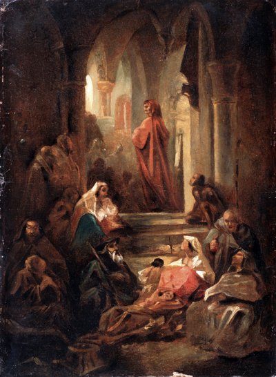 مشهد من حياة دانتي أليغيري (1265-1321) (مشهد من حياة دانتي أليغييري). عمل نيكولاي بتروفيتش لومتيف (1816-1859) ، زيت على ورق مقوى بواسطة نيكولاي بتروفيتش لومتيف