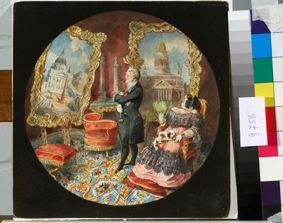 المهندس المعماري Auguste Ricard de Montferrand (1786-1858) وزوجته في غرفة المعيشة الخاصة بهم ، يفكرون بفخر في اللوحات التي تمثل بعض أعماله - رسم نيكولا بينوا (1813-1898) بواسطة نيكولاي بينوا