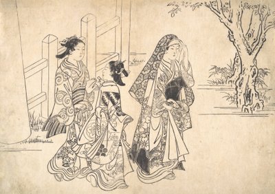 مجاملة تتبعها فتاتان ، كاليفورنيا. 1690-1751. بواسطة نيشيكاوا سوكينوبو