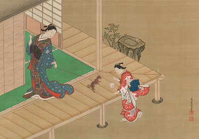 المحظور والمرافقة يلعبان مع كلب ، كاليفورنيا. 1716-1736. بواسطة نيشيكاوا سوكينوبو