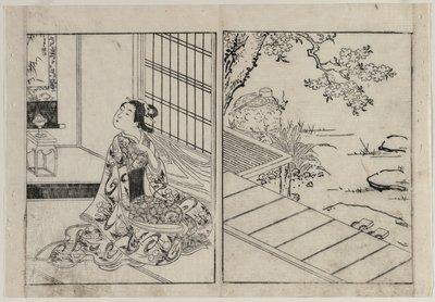 امرأة تبحث في لفيفة معلقة ، ج. 1740s. بواسطة نيشيكاوا سوكينوبو