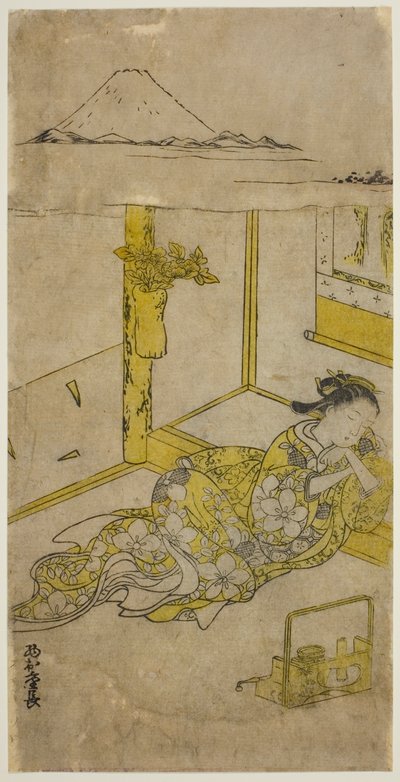 امرأة شابة نائمة مع جبل فوجي أعلاه بواسطة Nishimura Shigenaga