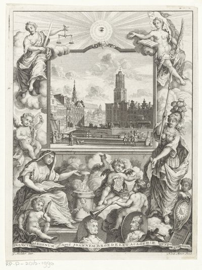 Stadsgezicht التقى Domkerk te Utrecht enlegorie التقى Utrechtse stedenmaagd Titelpagina voor: Elias de Vries، Dissertatio juridica، de jure naturale ac gentium، seu duobus primibus فقهيونتيبوس، 1745. بواسطة يوهانس بروديليت
