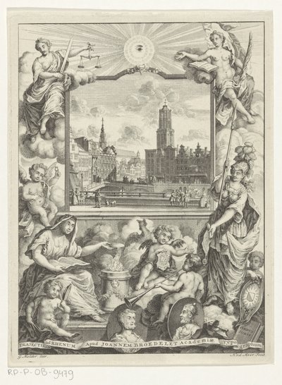 Stadsgezicht التقى Domkerk te Utrecht enlegorie التقى Utrechtse stedenmaagd Titelpagina voor: Elias de Vries، Dissertatio juridica، de jure naturale ac gentium، seu duobus primibus فقهيونتيبوس، 1745. بواسطة يوهانس بروديليت