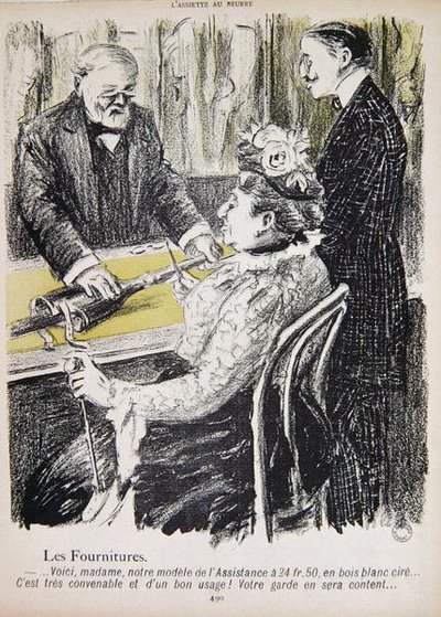 كارتون ينتقد المساعدة الشعبية ، كاريكاتير من 'L'Assiette au Beurre'. 1901 (لون ليثو) بواسطة نويل دورفيل