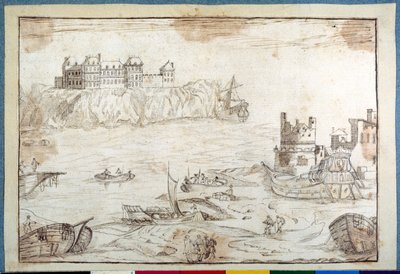 A castle surmounting cliffs, with studies of galleons and fishing boats (pen & brown ink on paper) بواسطة نويل جاسلين