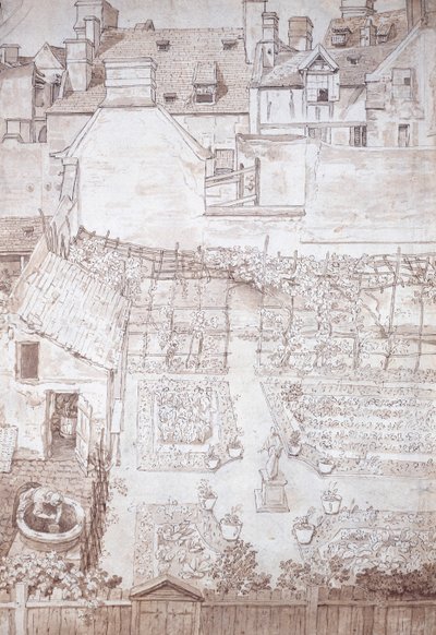 A garden of a town house, with parterres and vine pergola, enclosed by buildings, c.1677 (pen & brown ink with brown wash) بواسطة نويل جاسلين
