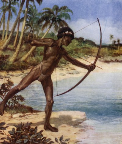 Native Archer shooting Fish, British Solomon Islands (colour litho) بواسطة نورمان هاردي