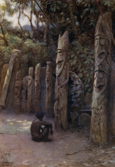 The Stone "Demits," or the Souls, with their attendant wooden figures, Malekula Island, New Hebrides (colour litho) بواسطة نورمان هاردي