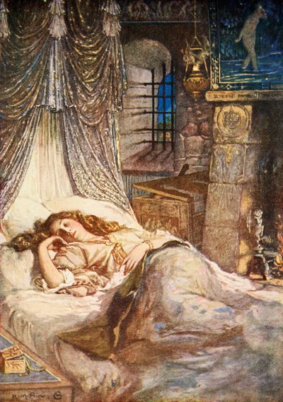 غرفة سرير Imogen ، Cymbeline ، الفصل الثاني المشهد 2 ، رسم توضيحي من "حكايات من شكسبير" لتشارلز وماري لامب بواسطة نورمان ميلز (بعد) السعر