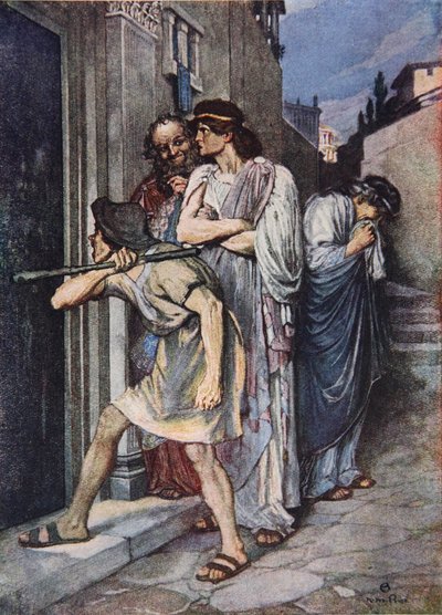 "Let My Master in" ، كوميديا الأخطاء ، الفصل الثالث المشهد 1 ، رسم توضيحي من "حكايات من شكسبير" لتشارلز وماري لامب بواسطة نورمان ميلز (بعد) السعر