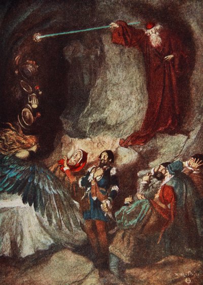 اختفى العيد ، The Tempest Act III ، Scene 3 ، رسم توضيحي من "حكايات من شكسبير" لتشارلز وماري لامب بواسطة نورمان ميلز (بعد) السعر