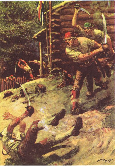 تعثرت وتدحرجت بتهور ، من Treasure Island الذي نشره MacDonald 1947 (color litho) بواسطة نورمان ميلز السعر